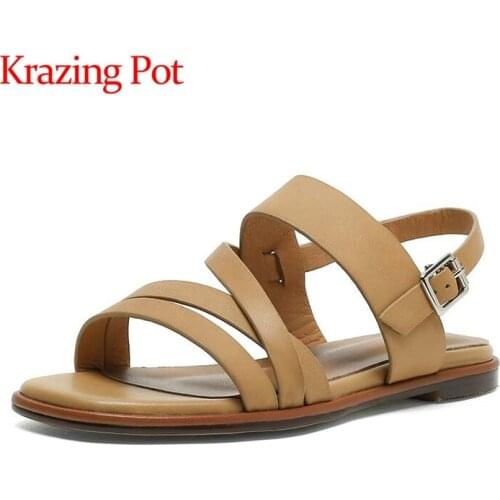 Krazing pot genuine leather low heel round toe preppy style simple style sling back buckle straps women shoes summer sandals L82