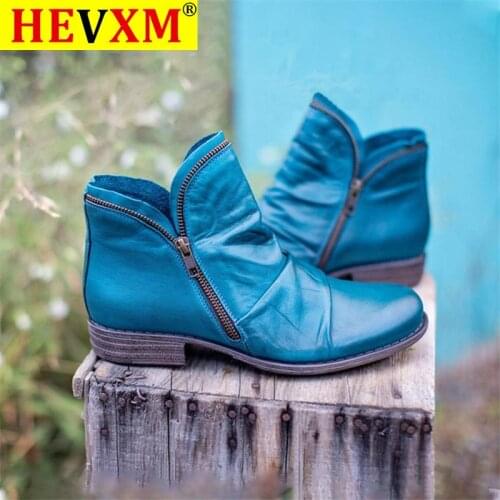 Women PU Leather Ankle Boots Women Autumn Winter Zipper Vintage Women Punk Boots Flat Ladies Shoes Flat Short Snow Boots Mujer