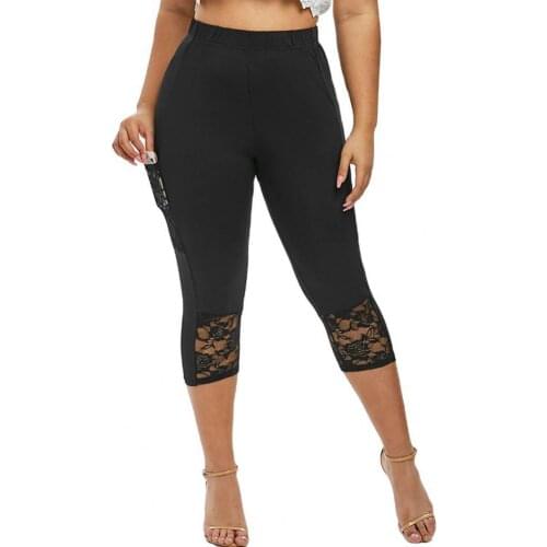 Women Pants Casual Lace Stitching Leggings Elastic Waist Tight Pants Ladies Lace Stitching Lace Pocket Capri Pants Sports Pants