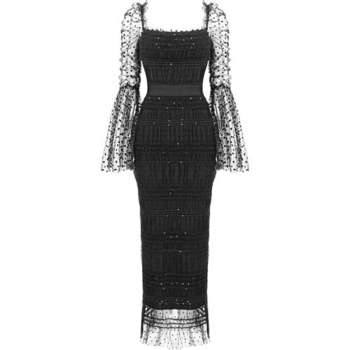 New Arrival Black Lace Bodycon Bandage Dress 2021 Summer Women Sexy Long Flare Sleeve Celebrity Elegant Club Party Dresses