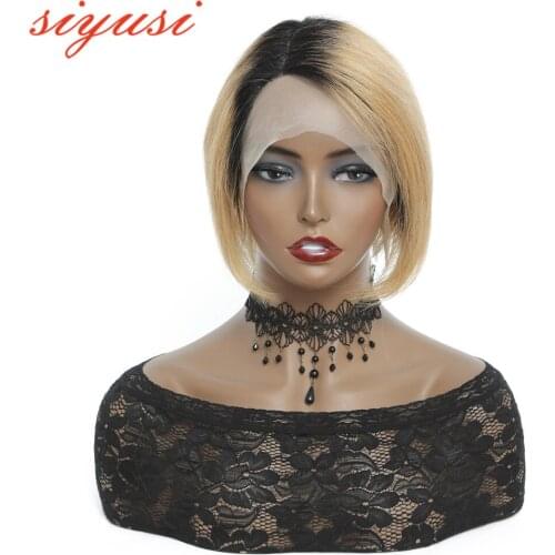 1B/27 Straight Short Human Hair Wigs Ombre Glueless Human Hair Wigs For Black Women HD Transpare 13x1 lace Wig Natural Black