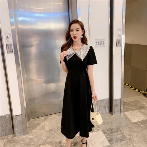 4XL Fashion Womens Dress 2021 Summer New Retro Lace Lapel Lapel Waist Waist and Thin Temperament Large Size