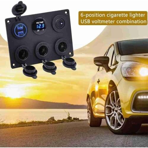 6 in 1 Car Charger Switch Panel 12V Dual USB Power Illuminated Voltmeter Outlet Switch Blue LED Rocker Toggle Socket Panel W4K0