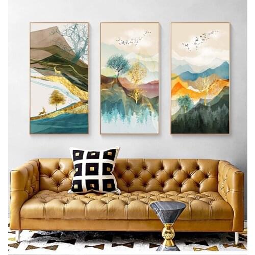 Abstract Gold Feather Canvas Painting Large Blue Poster Green Print Luxury Wall Art Picture For Living Room Effect Picture