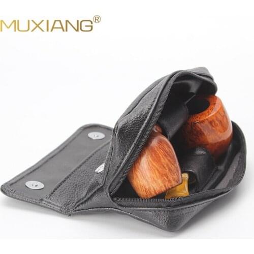 MUXIANG Tobacco Pipe Accessories Soft PU Leather Bag Multifunctional Portable Smoking Pipe Pouches For 2 Pipes Black Tobacco Bag