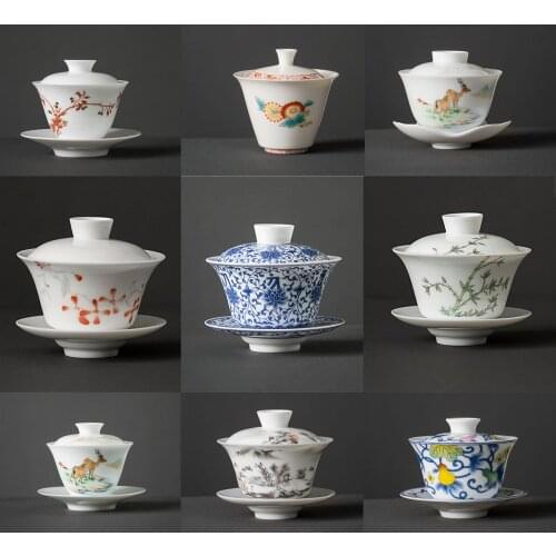 White Ceramic Lidded Bowl Mutton Fat Jade Tea Bowl Hand Painted Blue and White Gaiwan Household Kung Fu Tea Set China Set Bowl