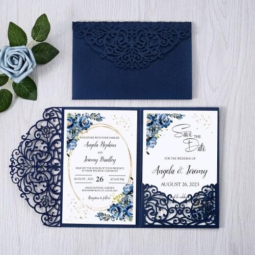 50pcs Blue Color Elegant Flower Laser Cut Wedding Cards Glitter Shining Invitation Pocket for Wedding with Envelope