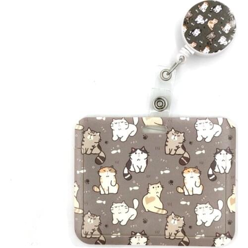 Grey Lovely Cute Cats Cute Card Cover Clip Lanyard Retractable Student Nurse Badge Reel Clip Cartoon ID Card Badge accessories