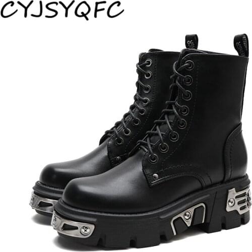 CYJSYQFC Metal Decor Black Soft Leather Platform Women Ankle Boots Punk Gothic Round Toe Lace Up Chunky Heels Motorcycle Boots