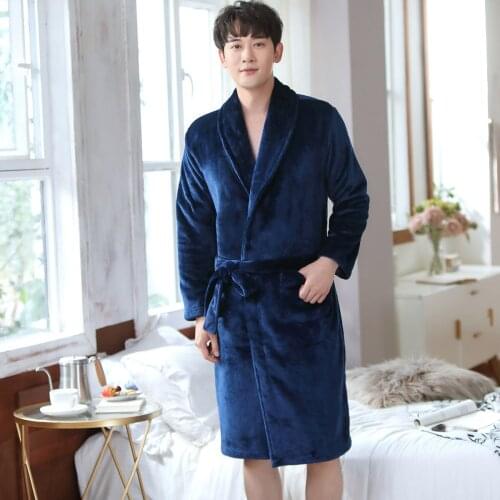 Autumn Winter Men Nightgown Kimono Bathrobe Gown Flannel Negligee V-neck Intimate Lingerie Blue Colour Robe Sleepwear Bath Robe