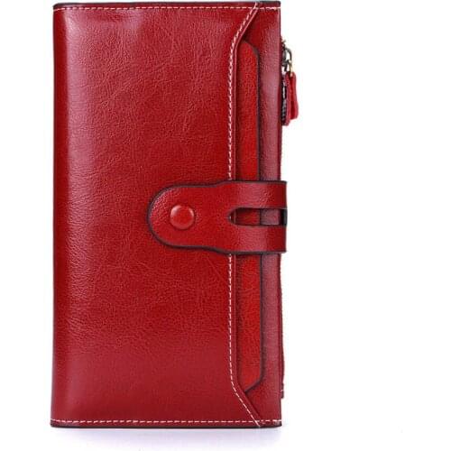 Leather rfid anti-theft brush ladies wallet, long oil wax leather mobile phone clutch bag, cowhide vintage wallet
