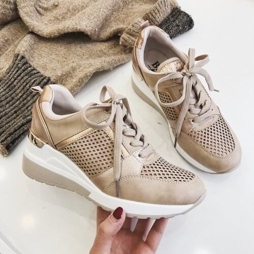 Thick Sole Women Walking Shoes Hot Sale2020 Platform Wedge Shoes Hollow Out Lady Tennis Gold Silver Women Sneakers 6cm Height 41