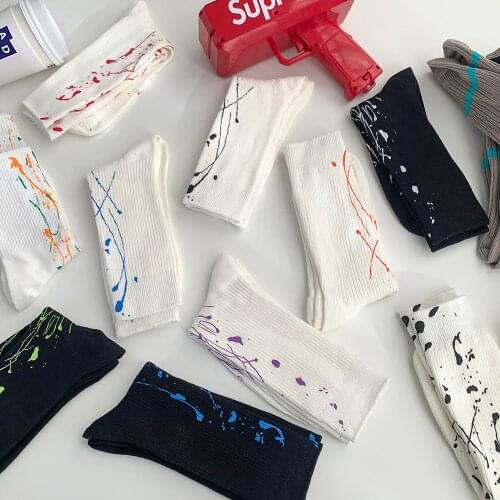 Harajuku hip hop fashion handmade splash ink novelty white socks men funny cotton trendy tie dye socks high quality women socks