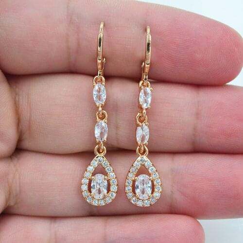 Fashion Jewelry Gold Color Clear White Zircon CZ Elegant Teardrop Dangle Earrings for Women