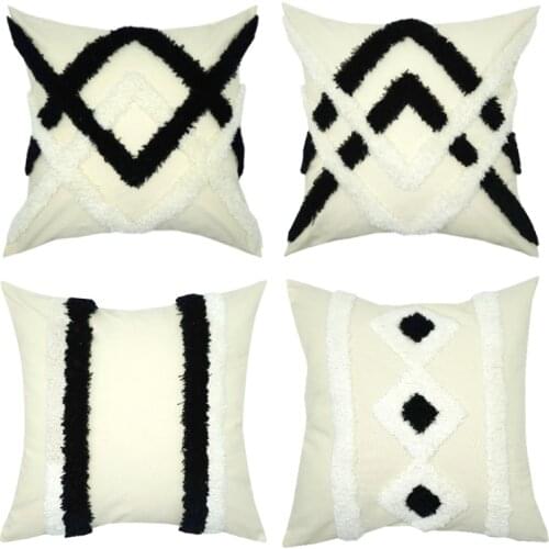Boho Tufted Cotton Woven Decorative Throw Pillow Covers Set, Simple Design Cushion Cover 18x18 Inches (Black Off White)