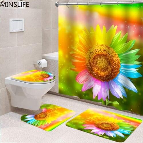 Rainbow Streaked Sunflowers Printed Bathroom Set with Shower Curtains and Rugs Toilet Cover Mat Non-Slip Rug Set Bathtub Decor