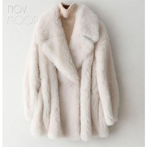 Novmoop Korean high street style women winter warm sheepskin wool coat with button pocket decor cappotto di lana płaszcz LT2880