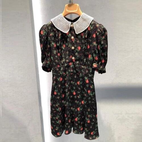 Korean Sweet Boho Floral Puff Sleeve Woven Doll Collar Printed Chiffon Short Dress High Quality Runway Fall Summer Brand Clothes