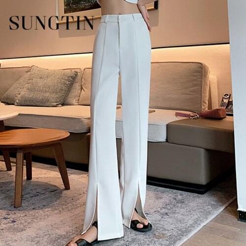 Sungtin Korea Fashion Office Lady Split Blazer Pant Women Casual High Waist Straight Long Pants Suit Trousers Chic Button Spring