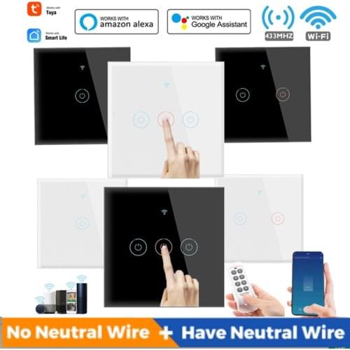 Tuya Smart Wifi Touch Switch No Neutral Wire Required Smart Home 1/2/3/4 Gang Light Switch Support Alexa 433RF Remote Control