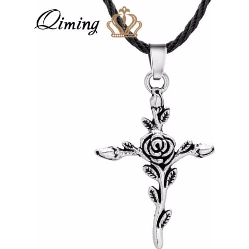 Viking Antique fashion Rose Cross Necklace Women Men Jesus Christ Christian Jewelry Gifts Flower Leave Vintage Religious Jewelry