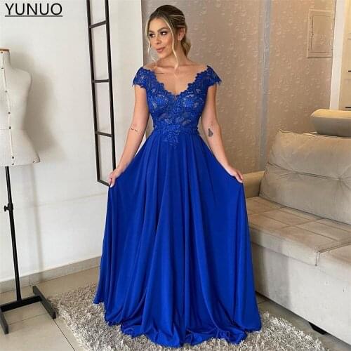 YUNUO A-line Pink V Neck Lace Prom Party Gowns вечерние платья Cap Sleeves Evening Dresses with Appliques vestidos de fiesta