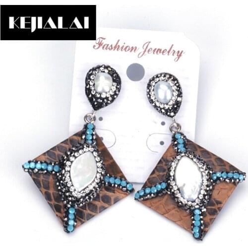 KEJIALAI Charming Design Square Shaped Dangle Earrings for Women Vintage Ethnic Style Rhinestone Accessories Fresh Water Pearl