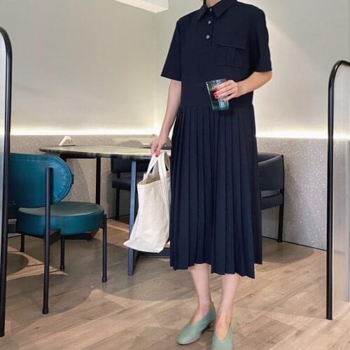 Women Dress 2021 Early Spring New Simple Rhinestone Long College Style Pleated Dress with Lapel Collar