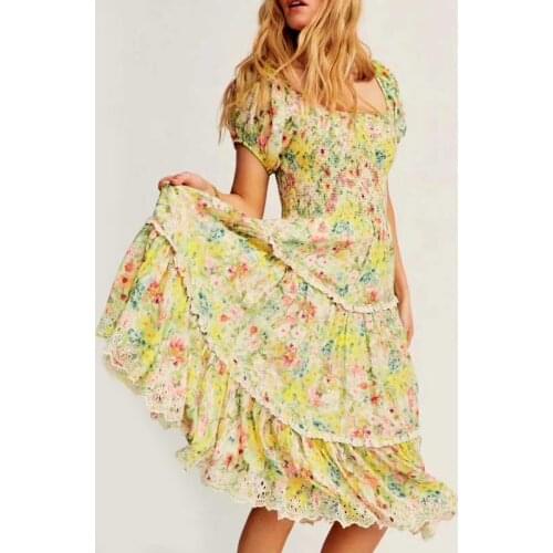BOHO INSPIRED yellow floral-print tiered midi dress women smocked bust lace trim cute summer dress puff sleeve party dress 2021