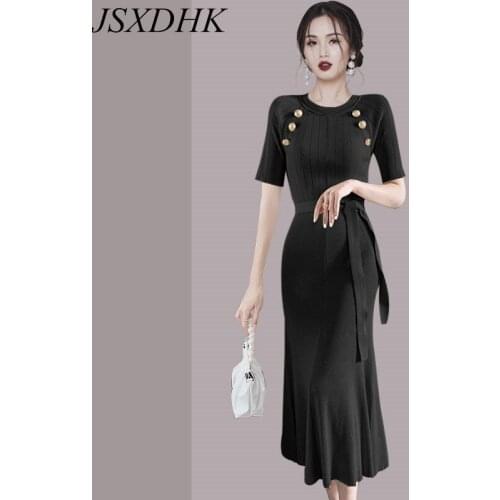 JSXDHK 2021 Elegant Korean Women Sweater Dress Summer O Neck Knitted Short Sleeve Black Lace Up Belt Bodycon Long Mermaid Dress