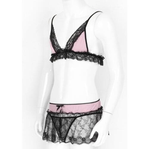 3Pcs Mens Gay Sissy Erotic Lace Lingerie Set Adjustable Spaghetti Straps Deep V Neck Bra Top with Mini Skirt and G-string Briefs