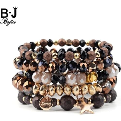 BOJIU 5 Pcs/Set Hot Trendy Elastic Crystal Star Charm Bracelets For Women Golden Copper Hematite Crystal Bracelet Femme BCSET211