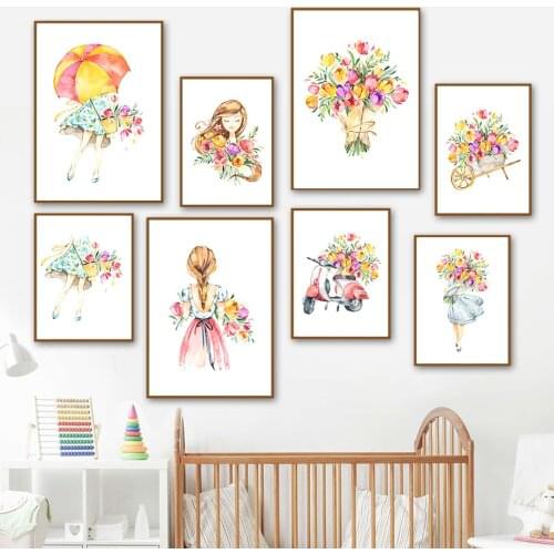 Flower Umbrella Scooter Beautiful Girl Nordic Posters And Prints Wall Art Canvas Painting Cartoon Wall Pictures Kids Room Decor