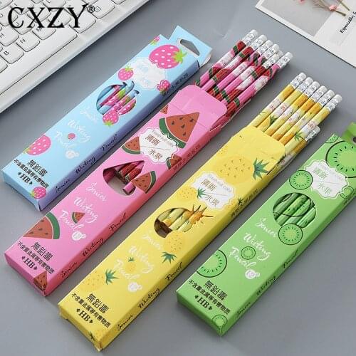 CXZY 12Pcs/Set HB Wood charcoal pencils drawing sketch children eraser for school office art cute stationery items catoon 1Q805