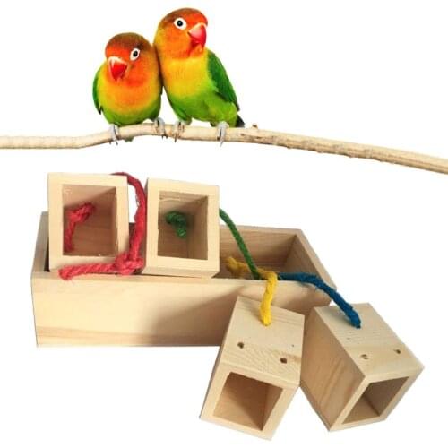Bird Intelligence Toy Wooden Box Food Foraging Feeder Cage Feeding Toys Parrot Treat Training for Bird Parakeet 85DA