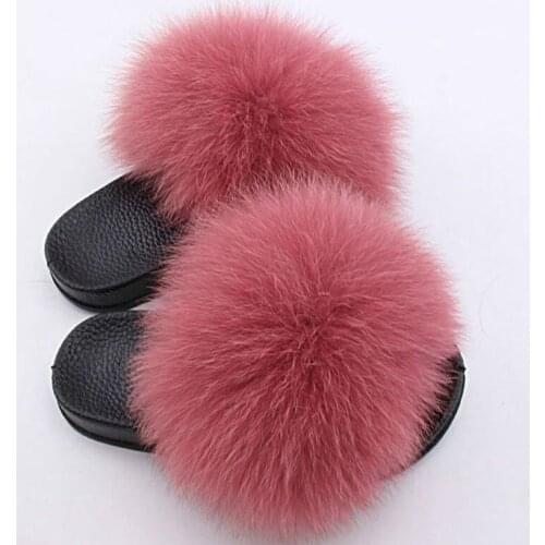 Kids Girls Fur Slippers Real Fox Fur Plush Shoes Children Outdoor Fluffy Slippers Non-slip Furry Home Slides Cute Plush Shoes
