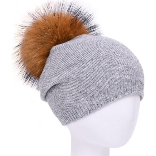 Kids Wool Knitted Beanie Hats Girls Boys Warm Winter Hat Baby Real Raccoon Fur Pom Pom Beanies Hat