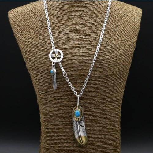 45.5g Solid 925 Sterling Silver Feather Pendan Long Necklace Men Women Vintage Indian Style Natural Blue Stone Designer Jewelry