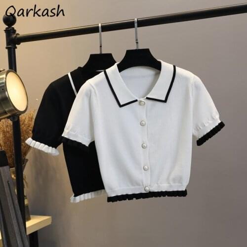 T-shirts Women Turn-down Collar Knitted Elegant Summer Trendy Ladies Simple Crops Tees French Style Leisure Young Stretchy New