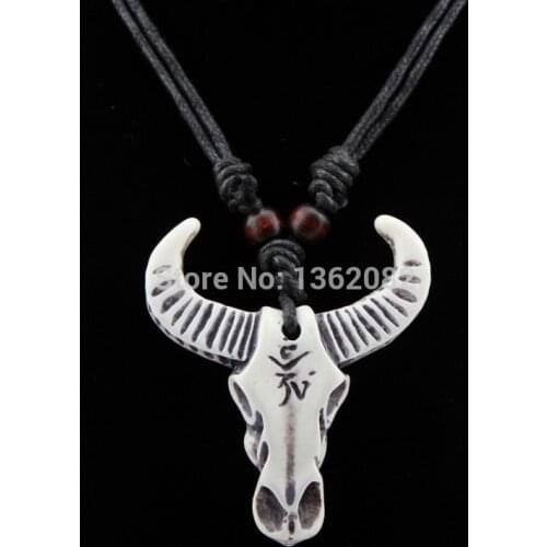 Cool Wood Beads Faux Bone Carved OM Tribal Cow Bull Head Skull Pendant Necklace Choker Amulet Gift MN108