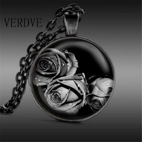 VERDVE Black Rose Flower Pendant Necklace Art Print Glass Jewelry Gifts for Her or Him Goth Gothic