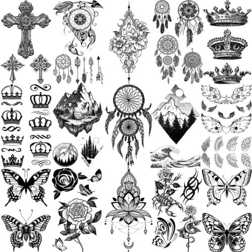 Dreamcatcher Mountain Temporary Tattoos For Women Adult Crown Wings Butterfly Flower Cros Henna Fake Tattoo Small Tatoo Paper