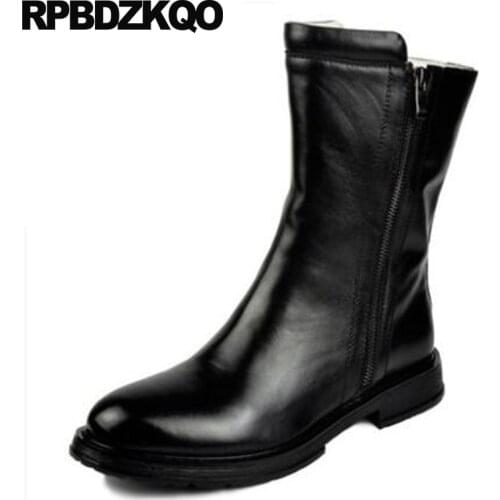 Boots Mid Calf Full Grain Leather Autumn Runway Riding Black Mens Shoes Designer 2018 High Quality Chunky Fall Zipper Round Toe