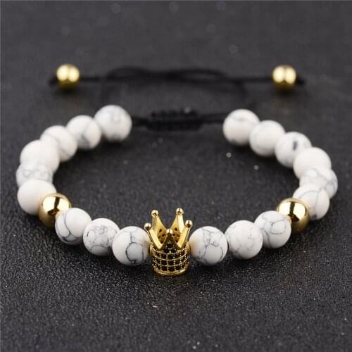 Luxurious Crystal Crown Adjustable Mens Weaving Bracelet Micro Pave Black Zircon Natural White Onyx Beaded Bracelets For Male
