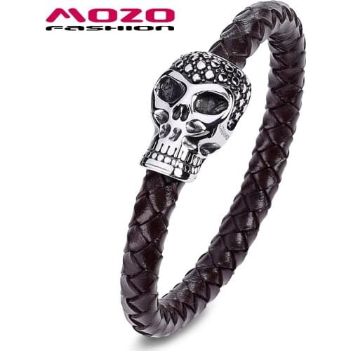 MOZO FASHION Jewelry New Men Bracelet Leather Cuff Bracelets & Bangles Stainless Steel Skeleton Bracelets for man Brown PS2057