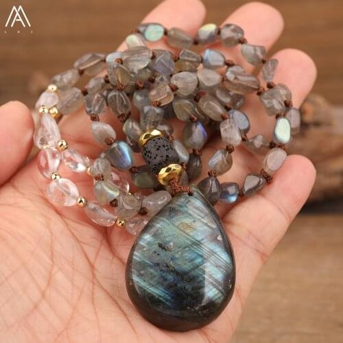 Natural Flash Labradorite Stone Drop Beads Pendant Labradorite White Quartz Chip Beads Knot Handmade Necklace Jewelry For Women