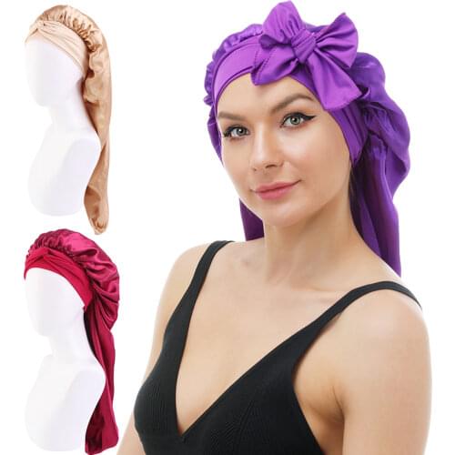 New Women long Oversized elastic satin Bonnet Sleeping Cap with Ribbon Breathable sleeping cap turban sleep Headwear Bandanas
