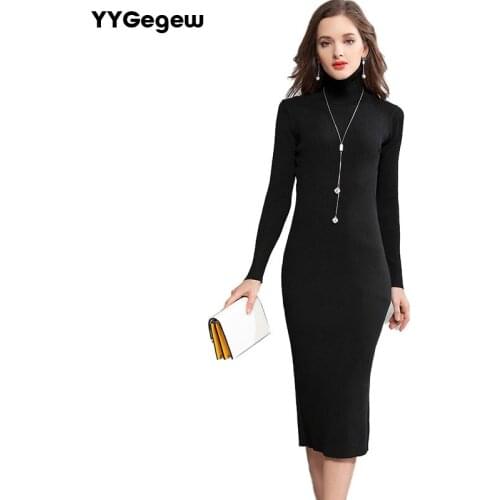 Autumn Winter Warm Long Dress Women Slim Turtleneck Casual Knitted Sweater Dress Sexy Bodycon Robe Dress Female Mid-Calf