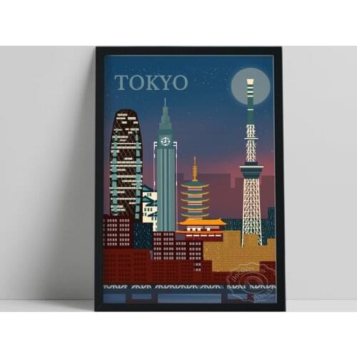 Tokyo Travel Contemporary Cityscape Poster, Japan Retro Skyline Wall Painting, City Night Wall Stickers, World Journey Souvenir