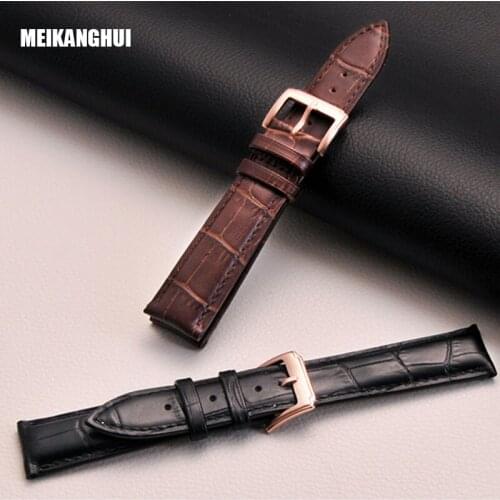 MEIKANGHUI Watchband Golden Check strap Black Brown genuine leather watch band 18mm 20mm 22mm high quality watch strap